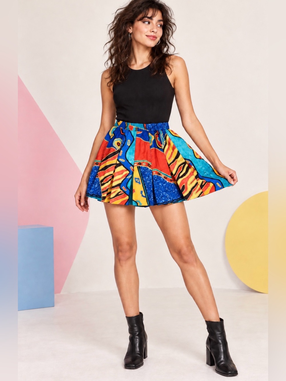 Vintage 1980S Colorful Abstract Print mini Skirt Sz 6 Small Multi colored skater